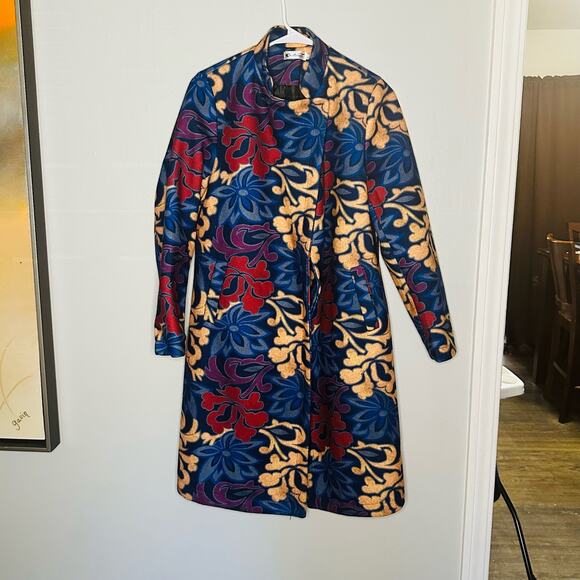 Vintage YaZhuang Floral Blue Tan Red Front Pocket Blazer Long Jacket Size Large - Picture 4 of 14